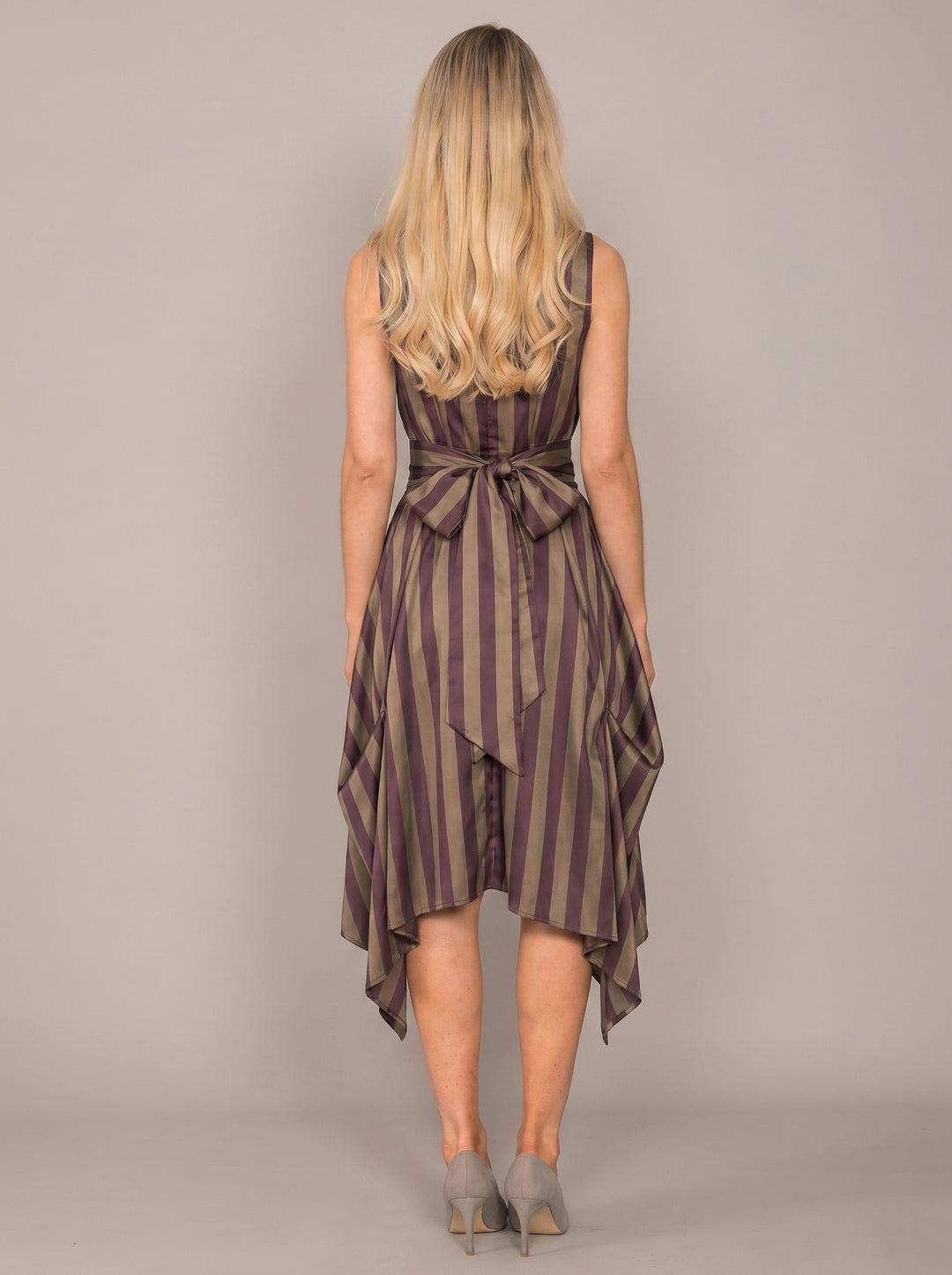 Jolaby Wrap Ruched Dress in Aubergine Stripe