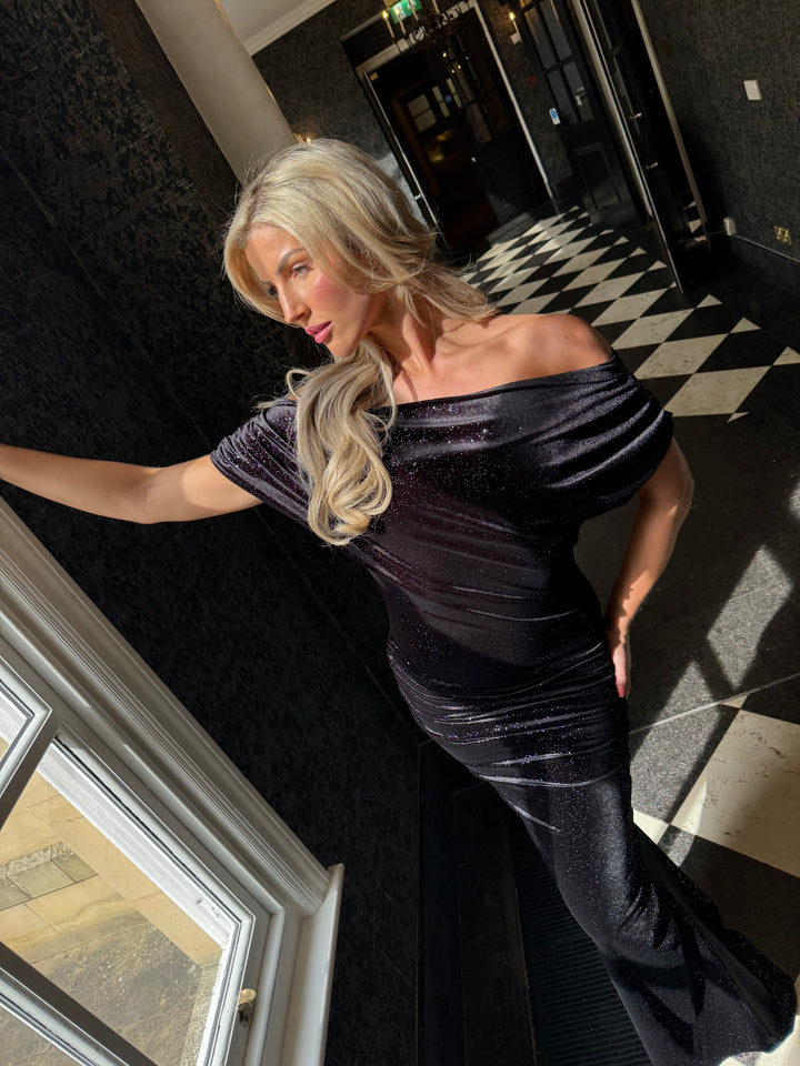 Platinum gown in black sparkle velvet