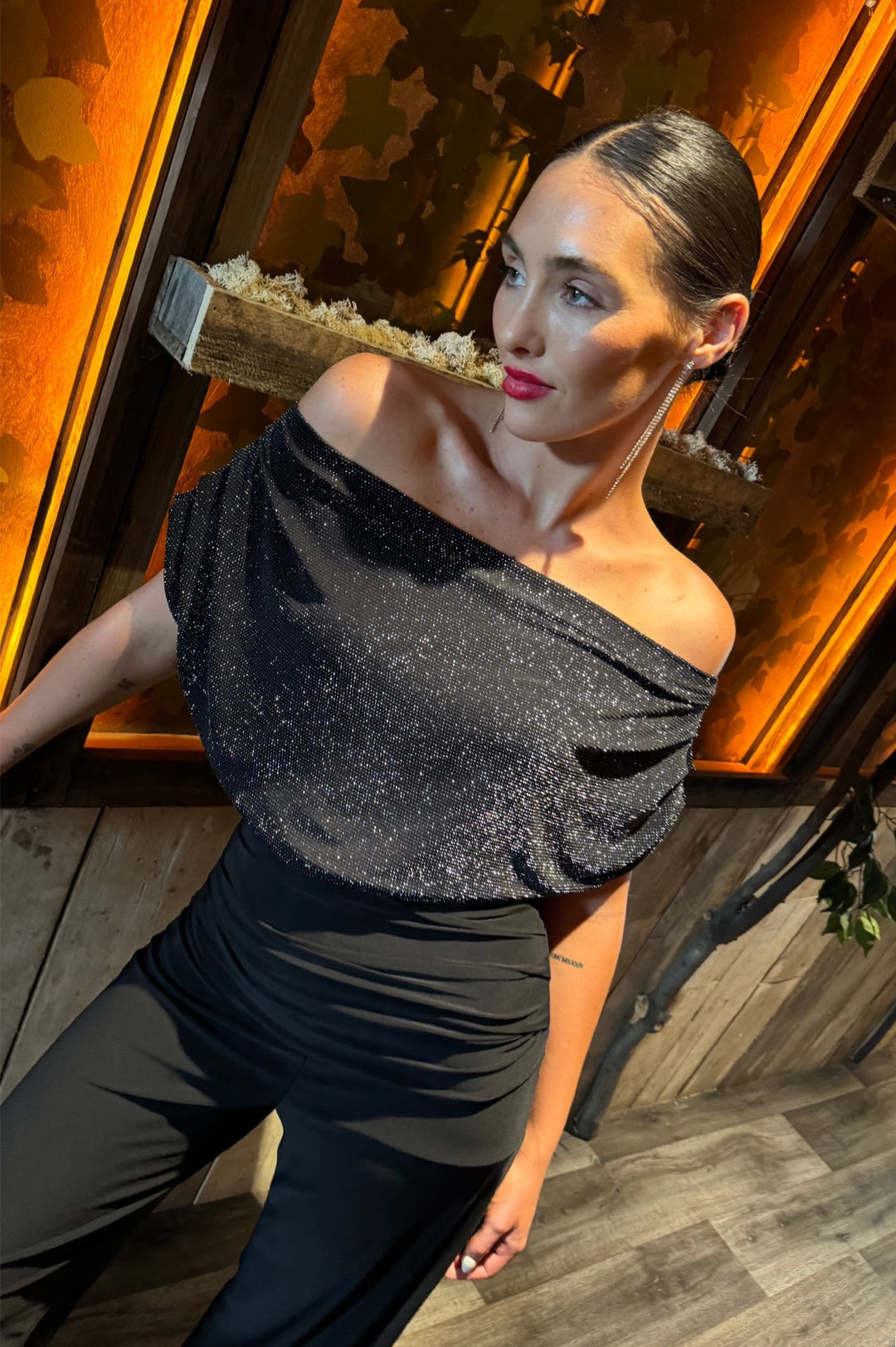 Carbon jumpsuit in black with silver sparkle