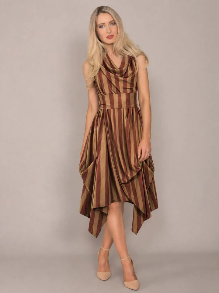 Jolaby Wrap Ruched Dress in Bronze Gold Stripe