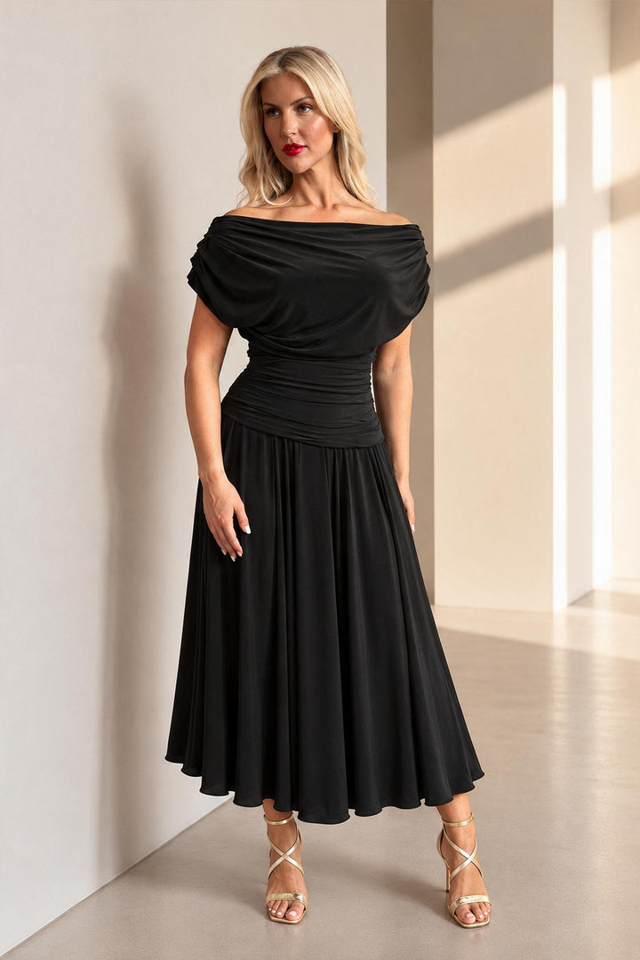 Carbon Bardot Tea Length Dress - Black