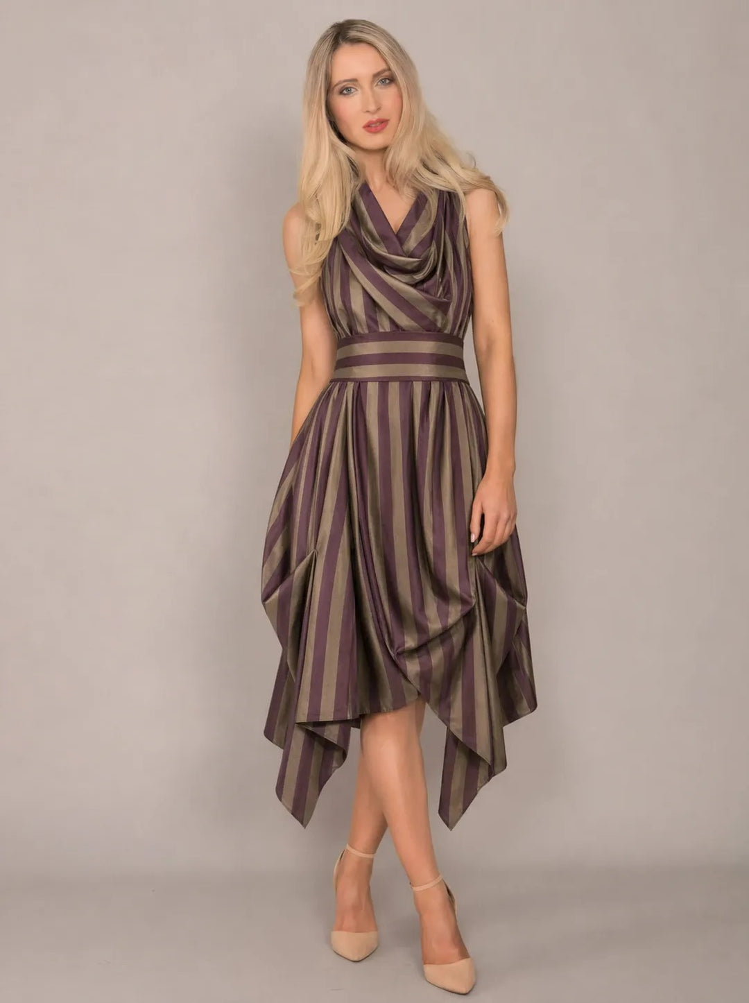 Jolaby Wrap Ruched Dress in Aubergine Stripe