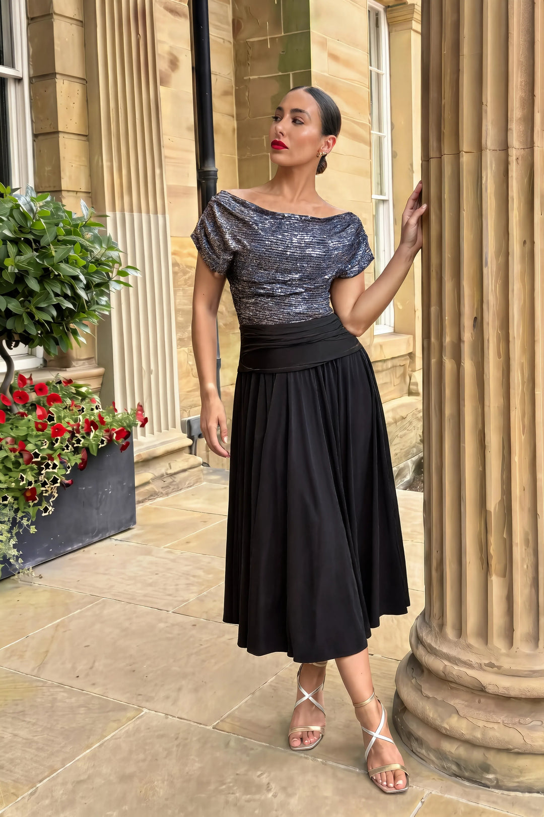 Carbon tea length dress in gunmetal sequin &amp; black T3