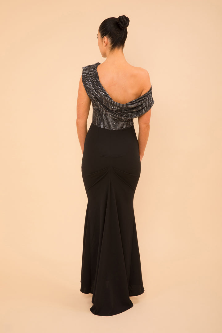 Nitrogen gown in black & gunmetal sequin sparkle