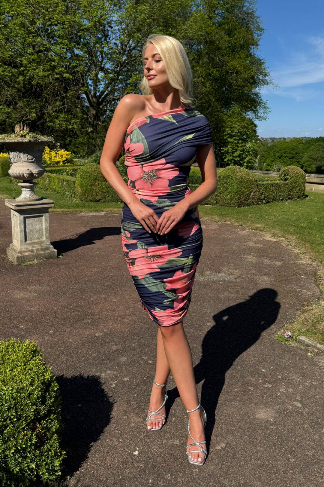 Neon dress in coral & navy floral