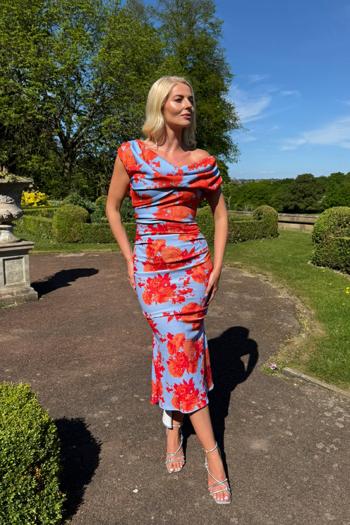 Mercury dress in pale blue & orange floral