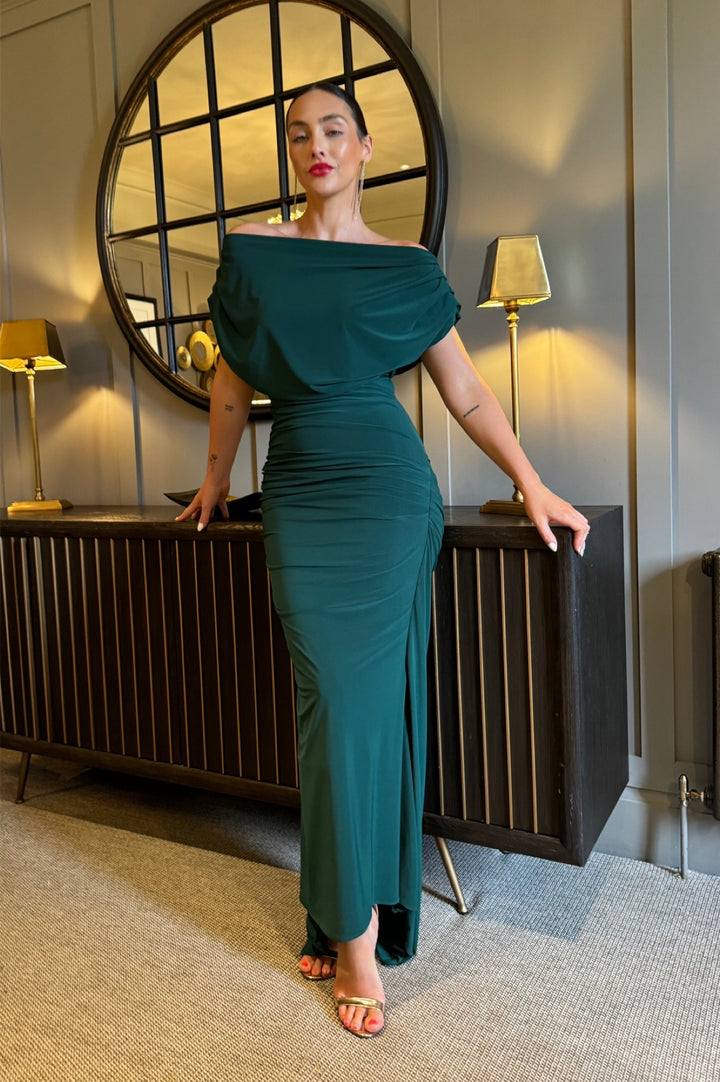 Platinum gown in forest green