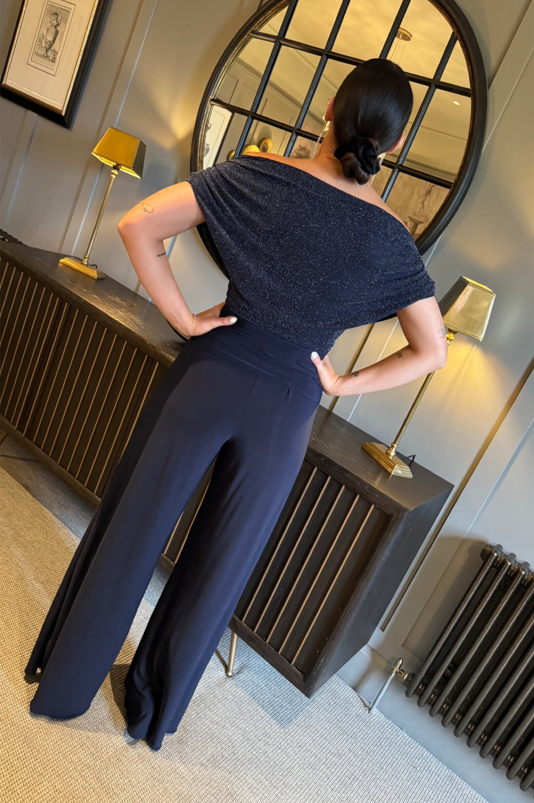 Carbon jumpsuit in navy & silver sparkle