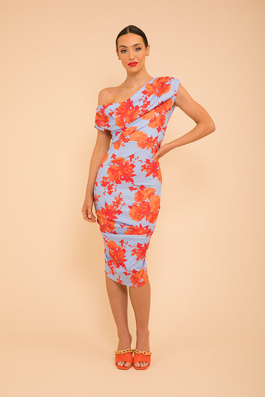 Janus Crepe Dress in powder blue & orange floral