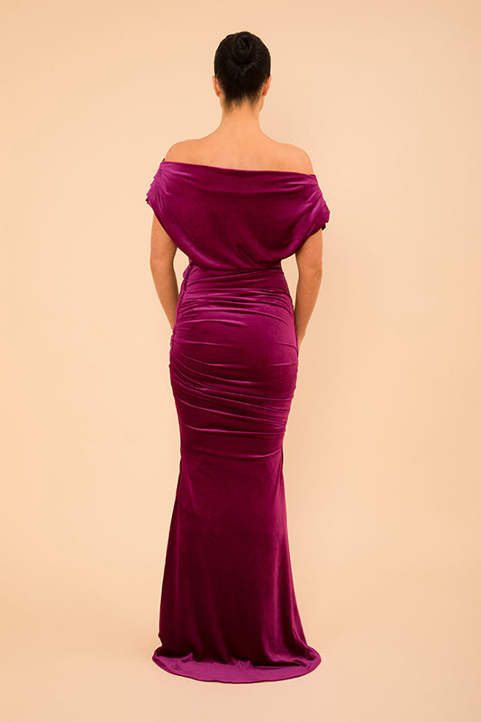 Platinum gown in magenta velvet
