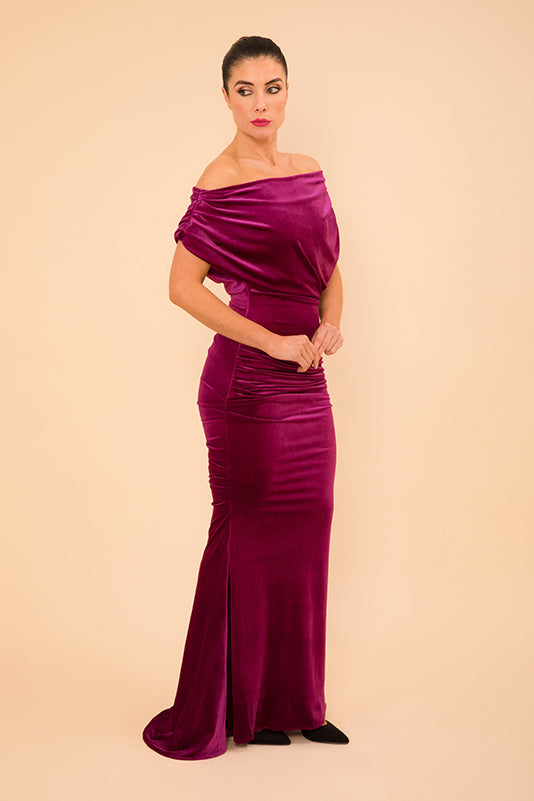 Platinum gown in magenta velvet