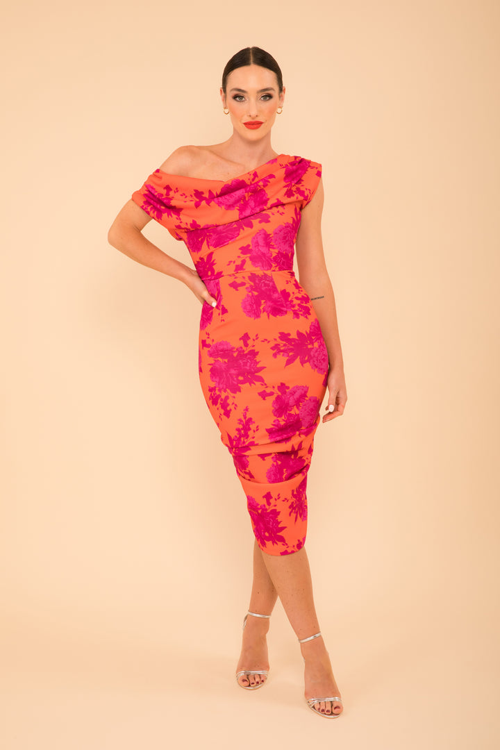 Janus dress in orange & fuchsia print