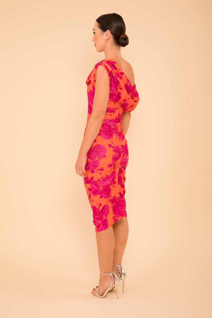 Janus dress in orange & fuchsia print