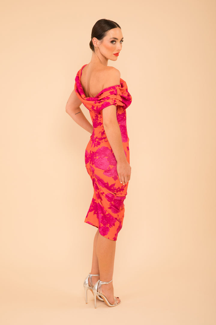Janus dress in orange & fuchsia print