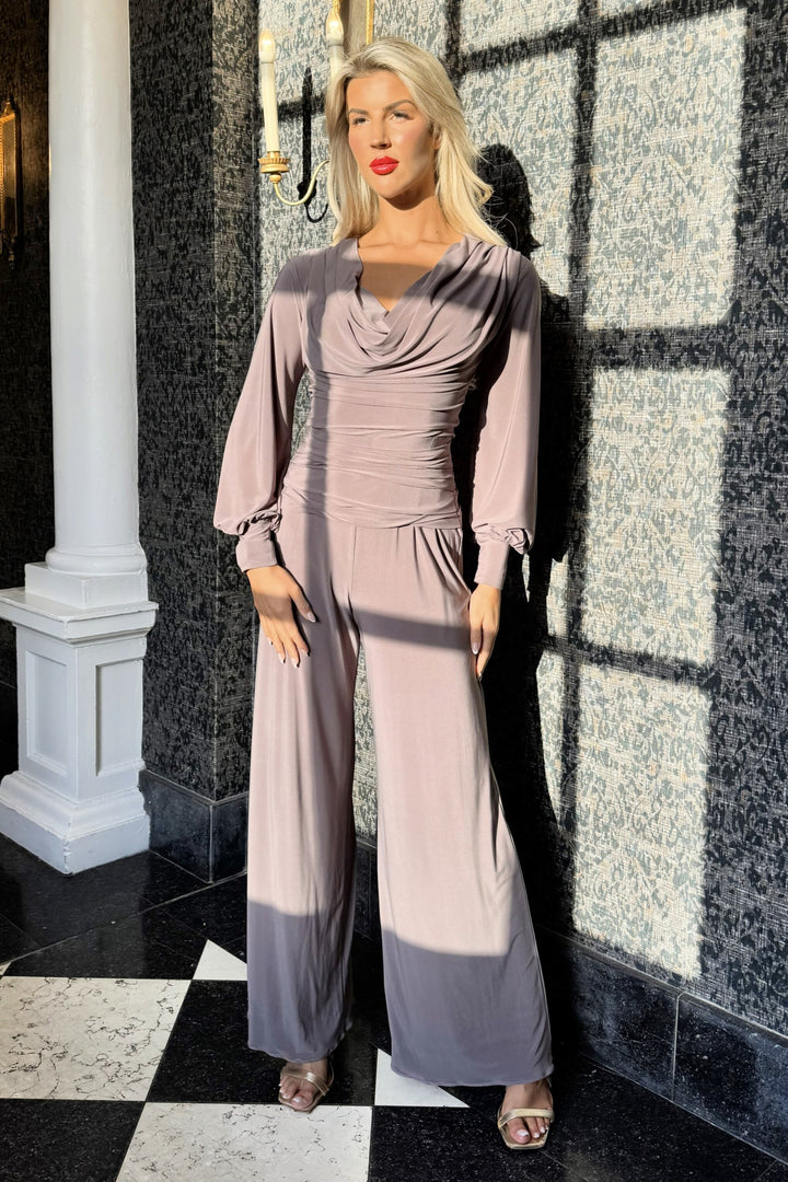 SS26 Indium jumpsuit with bell sleeve in grey taupe