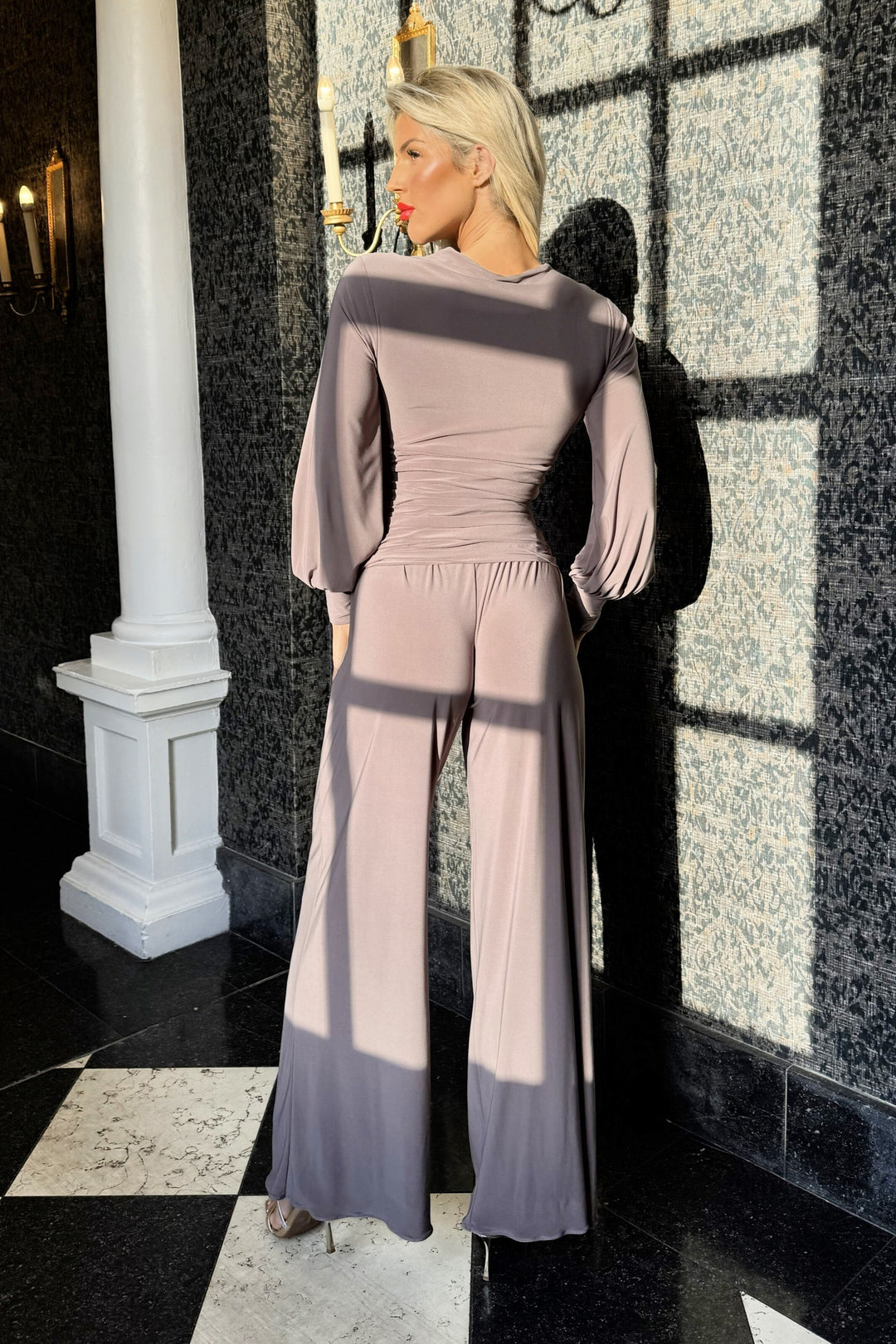 SS26 Indium jumpsuit with bell sleeve in grey taupe