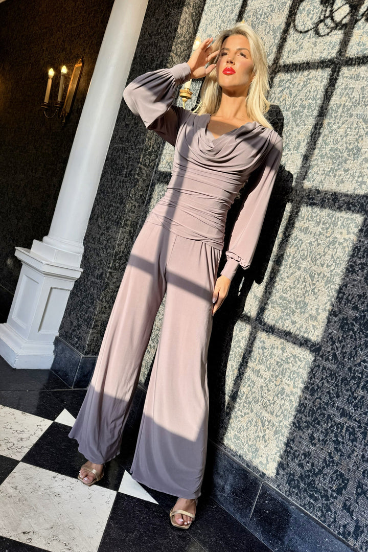 SS26 Indium jumpsuit with bell sleeve in grey taupe