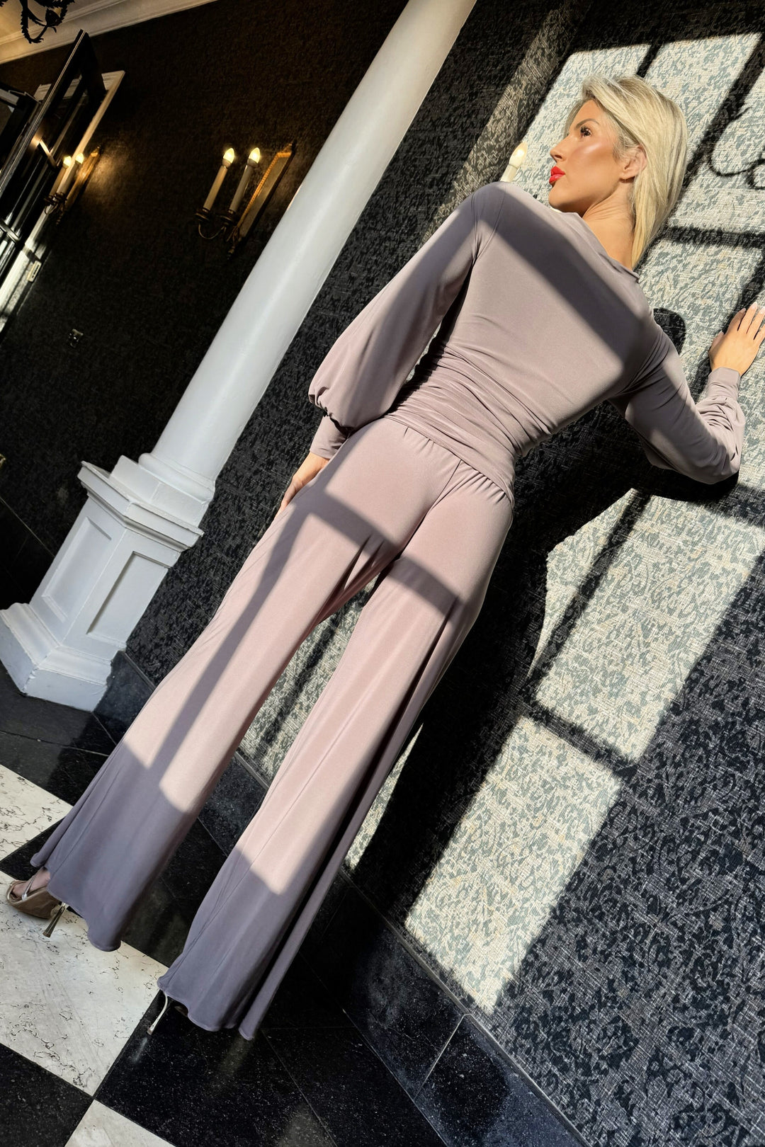SS26 Indium jumpsuit with bell sleeve in grey taupe