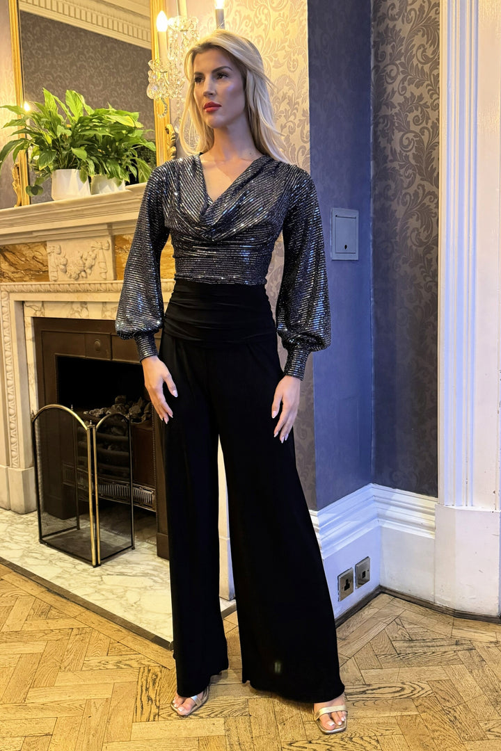 Indium jumpsuit with bell sleeve in gunmetal sequin &amp; black T2/D5
