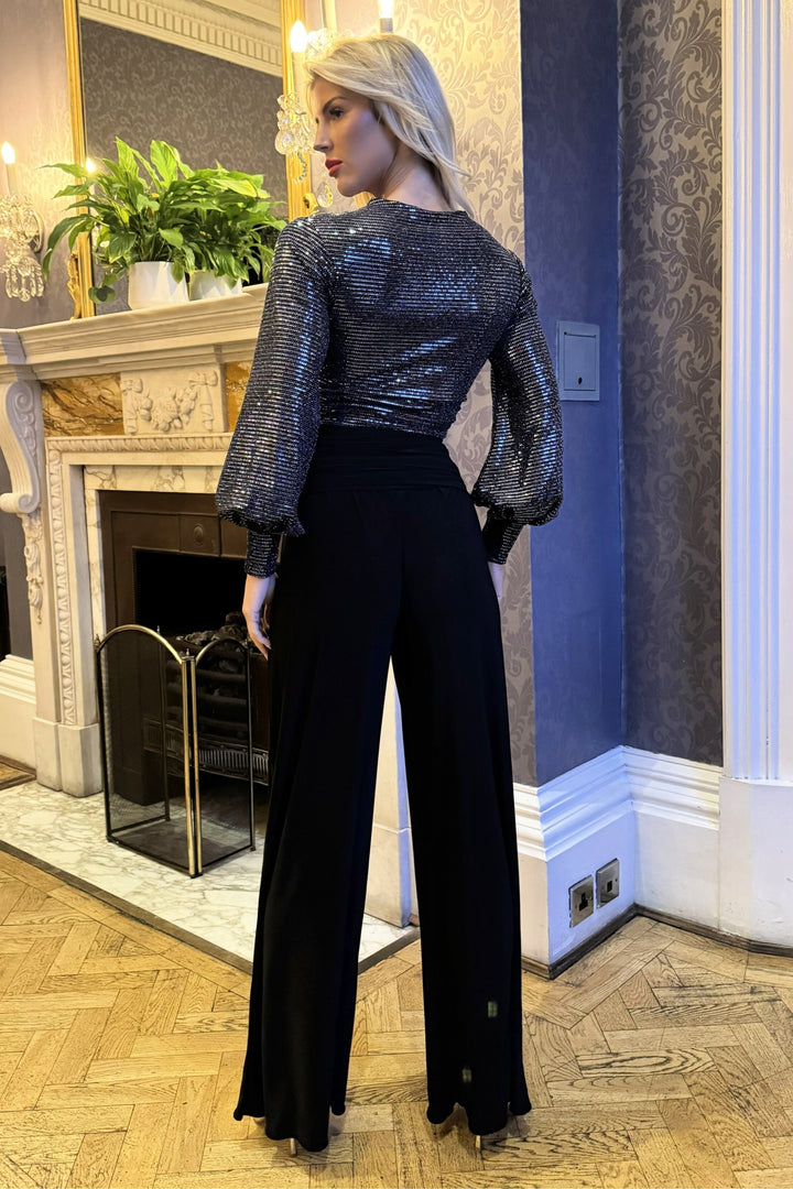 Indium jumpsuit with bell sleeve in gunmetal sequin &amp; black T2/D5