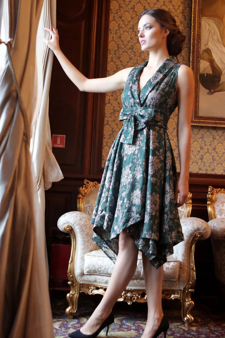 Jolaby V-Neck Ruched Dress in Green Floral