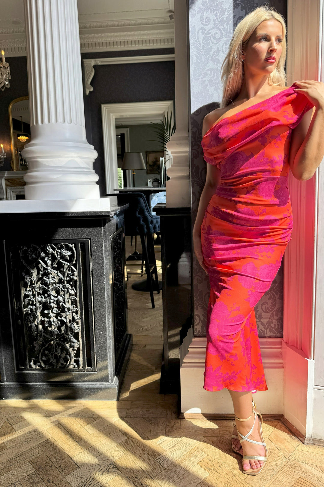 SS26 Mercury midi dress in orange & fuchsia D3