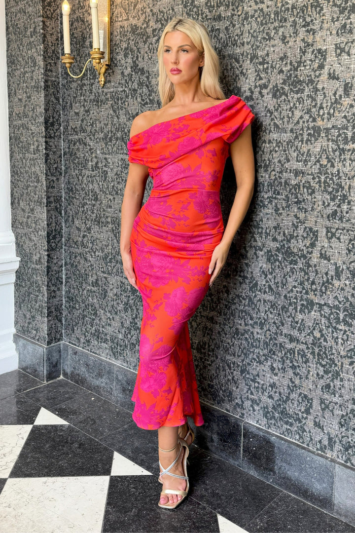 SS26 Mercury midi dress in orange & fuchsia D3