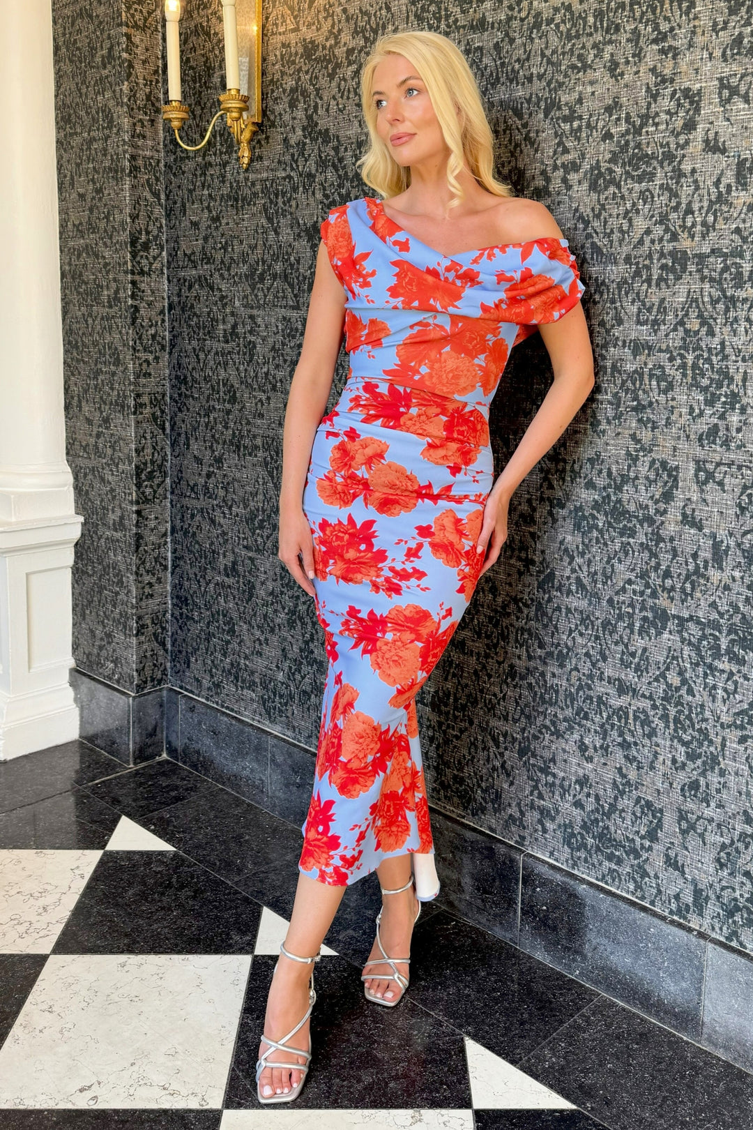 SS26 Mercury midi dress in powder blue & orange floral D3