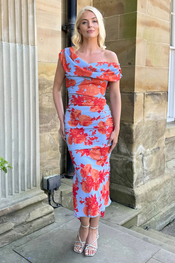 SS26 Mercury midi dress in powder blue & orange floral D3 – Atom Label