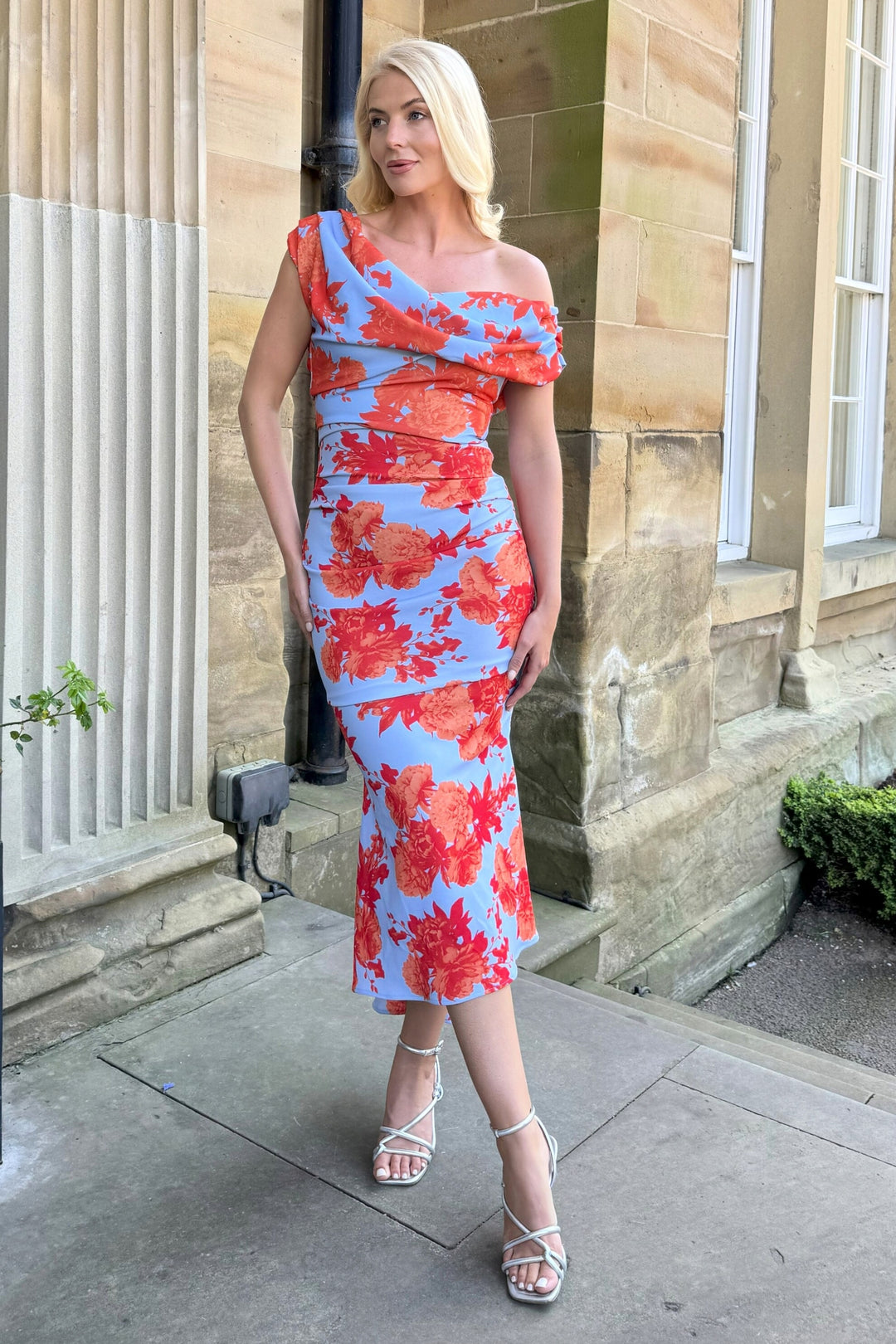 SS26 Mercury midi dress in powder blue & orange floral D3