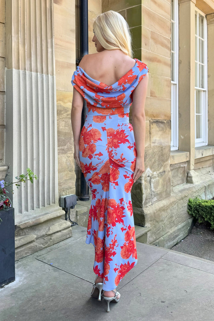 SS26 Mercury midi dress in powder blue & orange floral D3