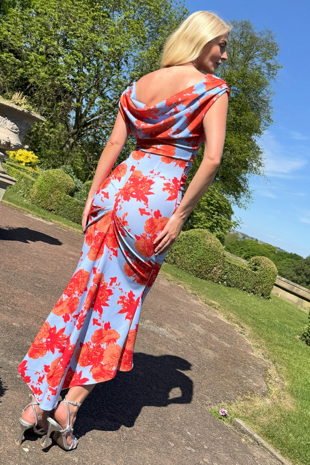 SS26 Mercury midi dress in powder blue & orange floral D3 – Atom Label