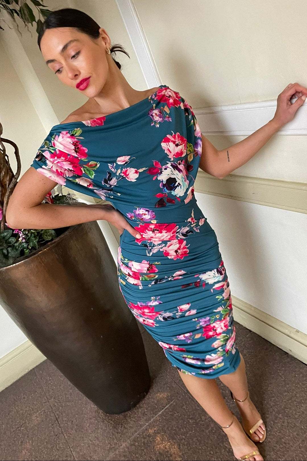 Oxygen dress in teal floral - sample sale