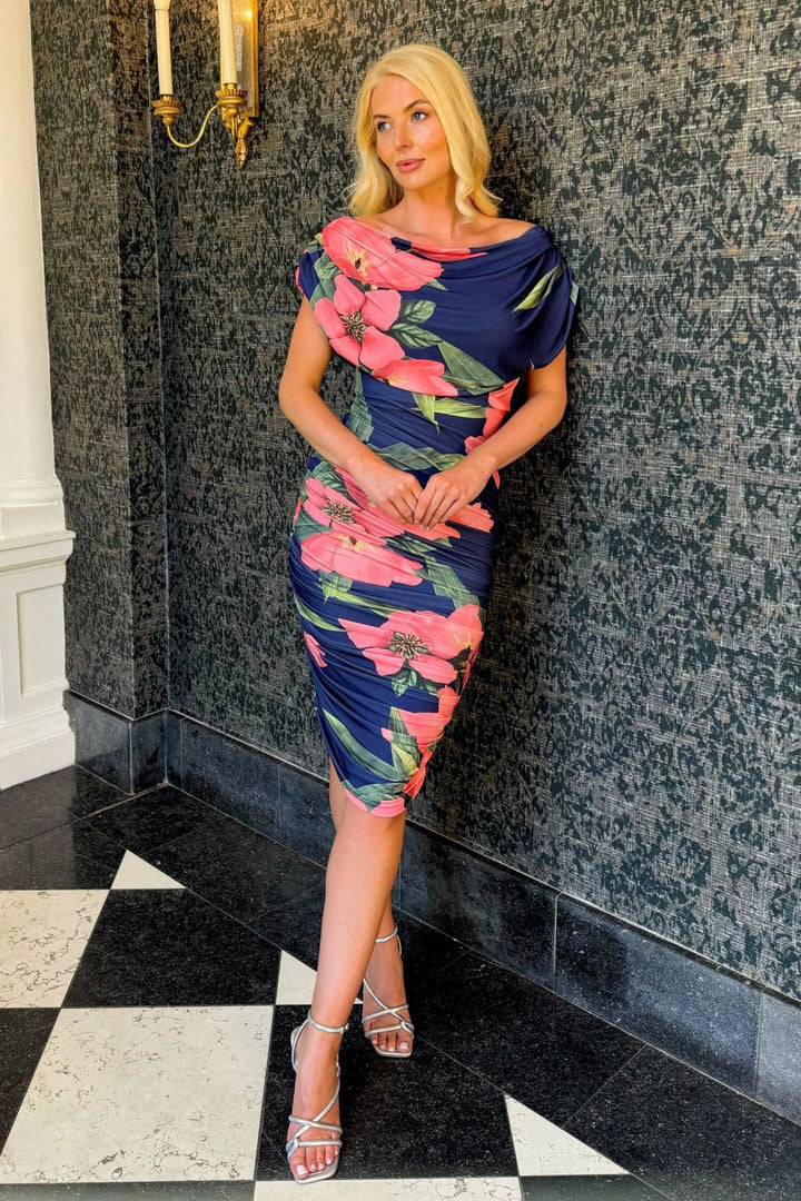 Oxygen dress in navy & coral floral