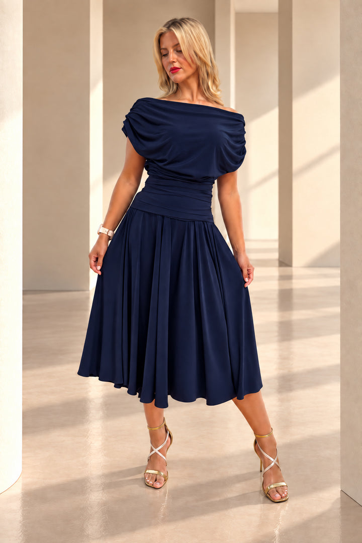Carbon tea length dress in navy T1/D4