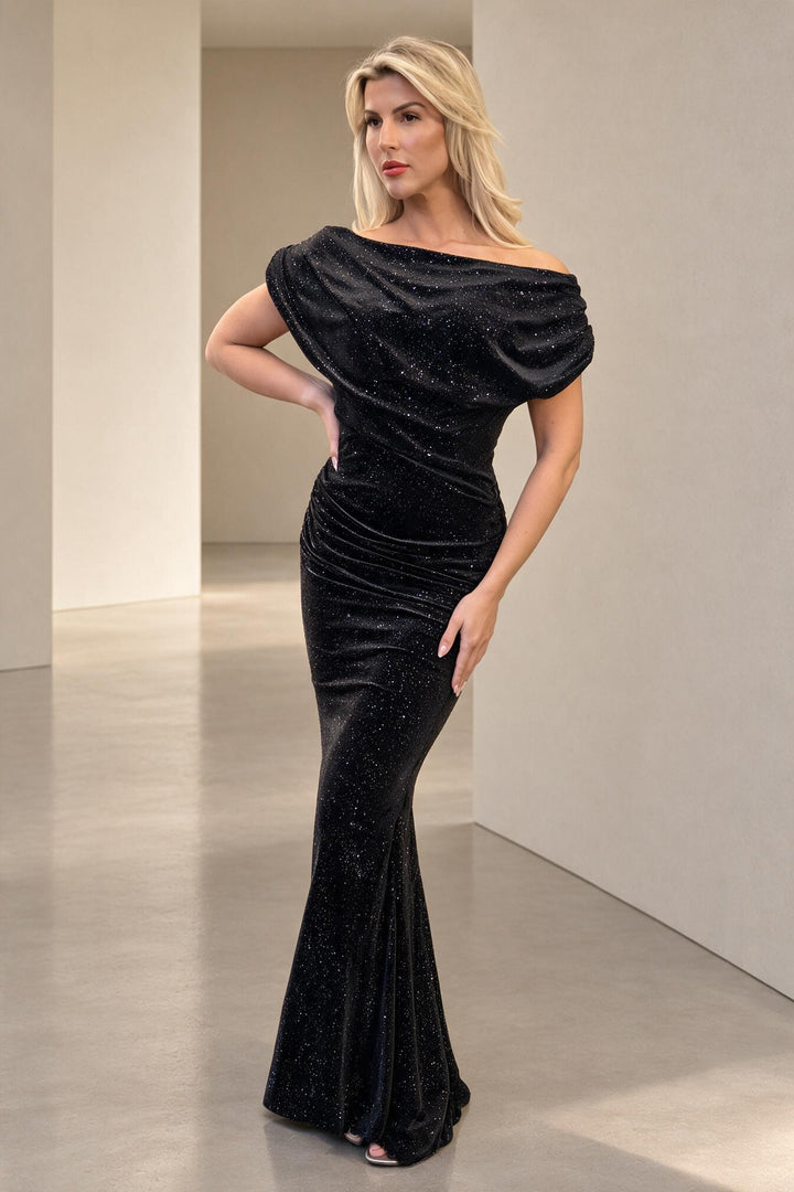 Platinum gown in black sparkle velvet