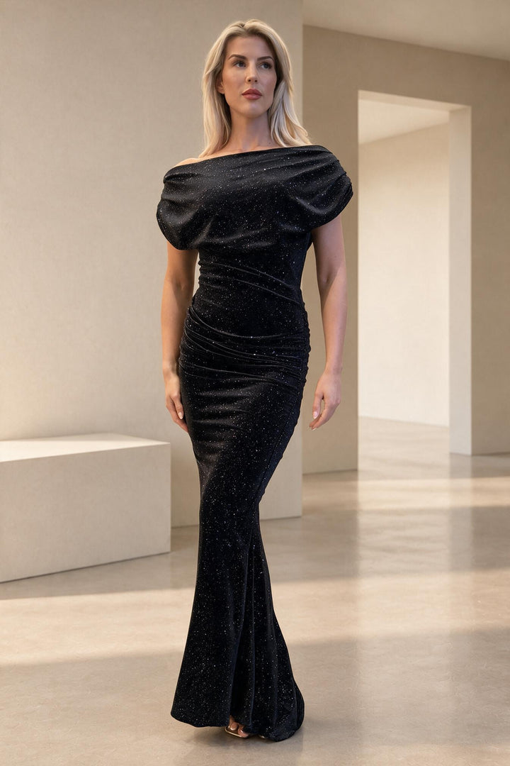 Platinum gown in black sparkle velvet
