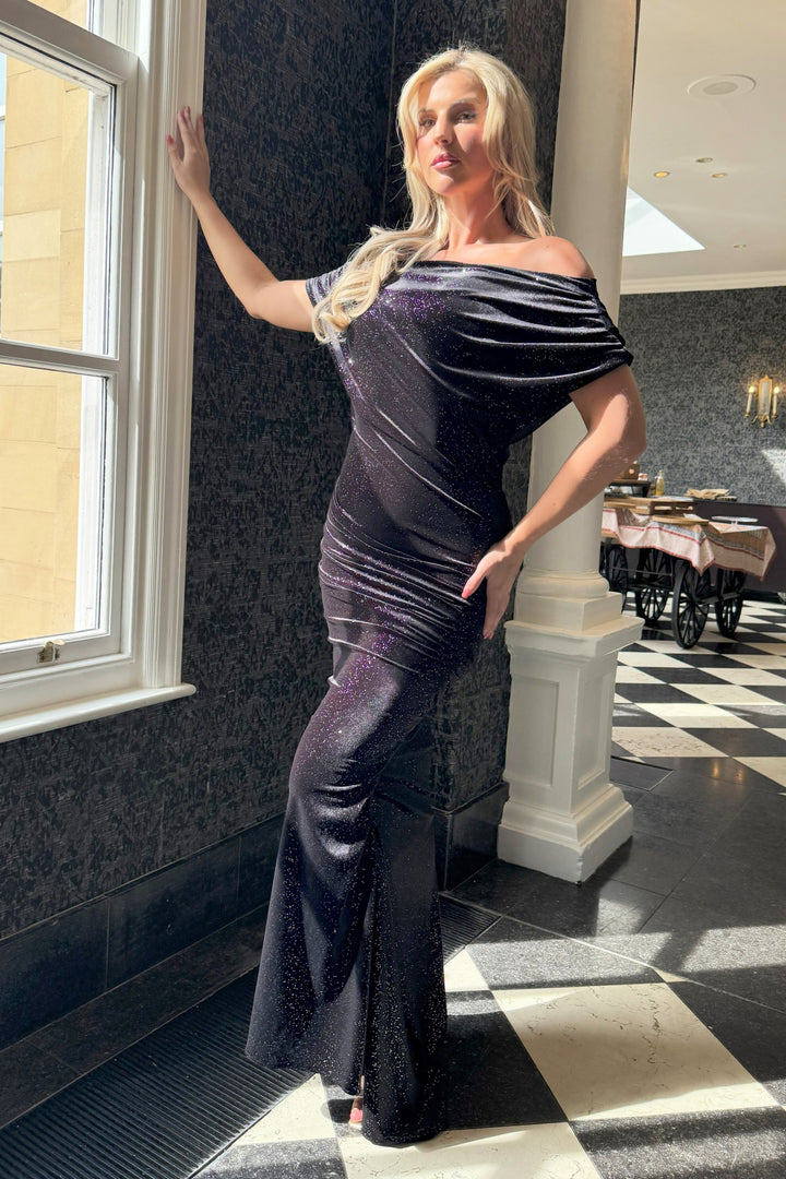 Platinum gown in black sparkle velvet