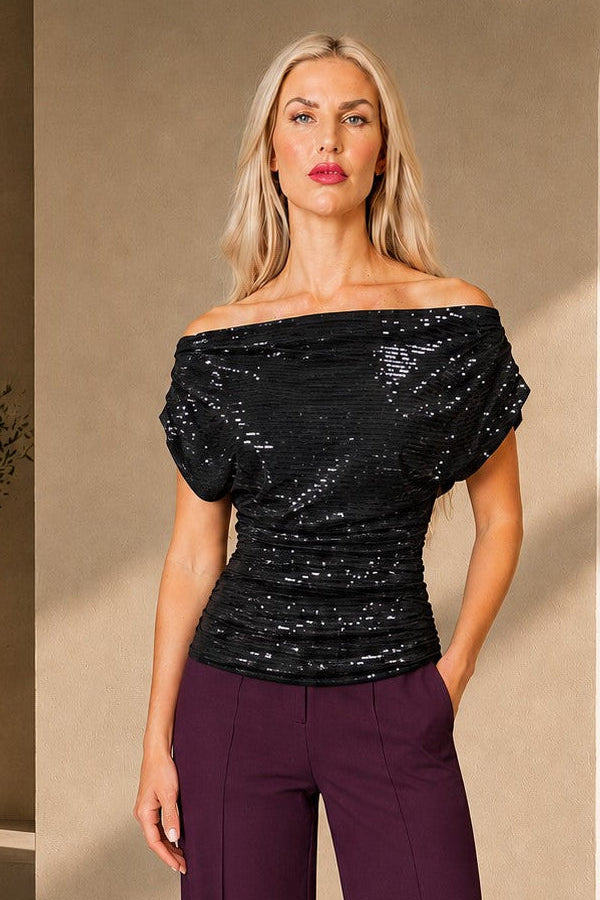 Carbon Bardot Sequin Occasion Top - Black