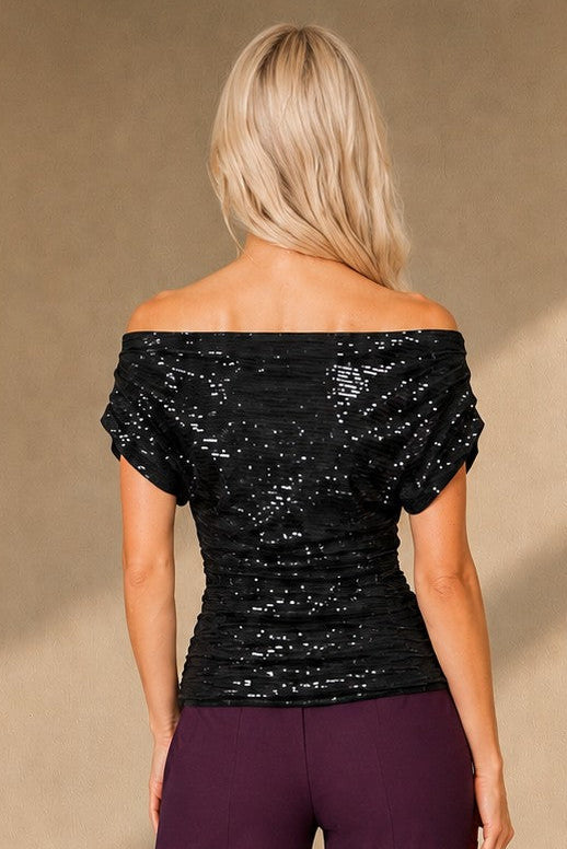 Carbon Bardot Sequin Occasion Top - Black