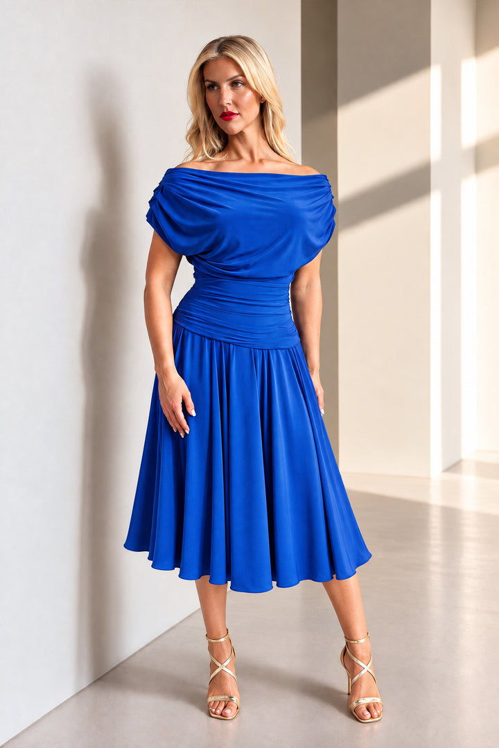 Carbon tea length dress in cobalt T3