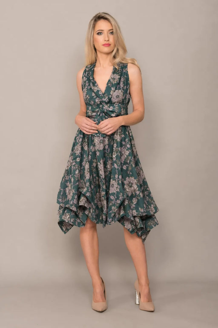 Jolaby V-Neck Ruched Dress in Green Floral