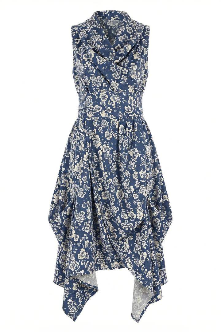 Jolaby Wrap Ruched Dress in Denim Floral