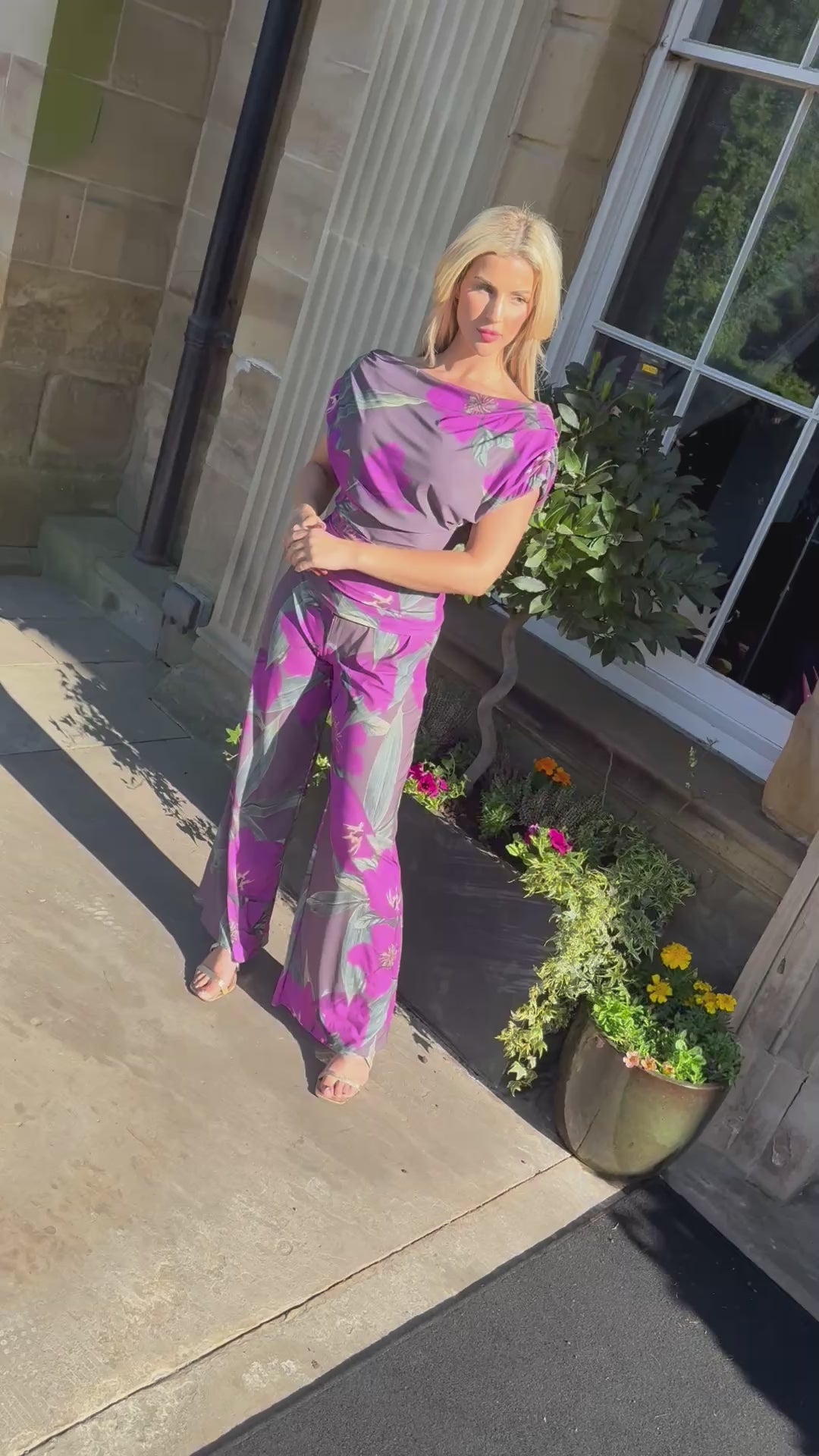 Carbon jumpsuit in magenta lily print