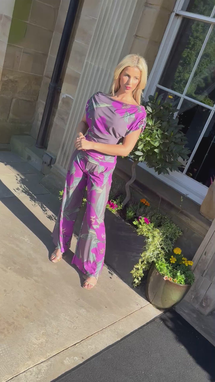 Carbon jumpsuit in magenta lily print