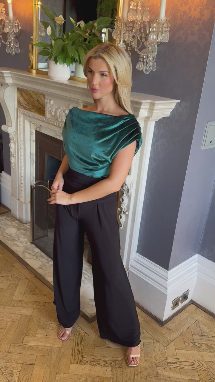 Carbon jumpsuit in forest green velvet & black