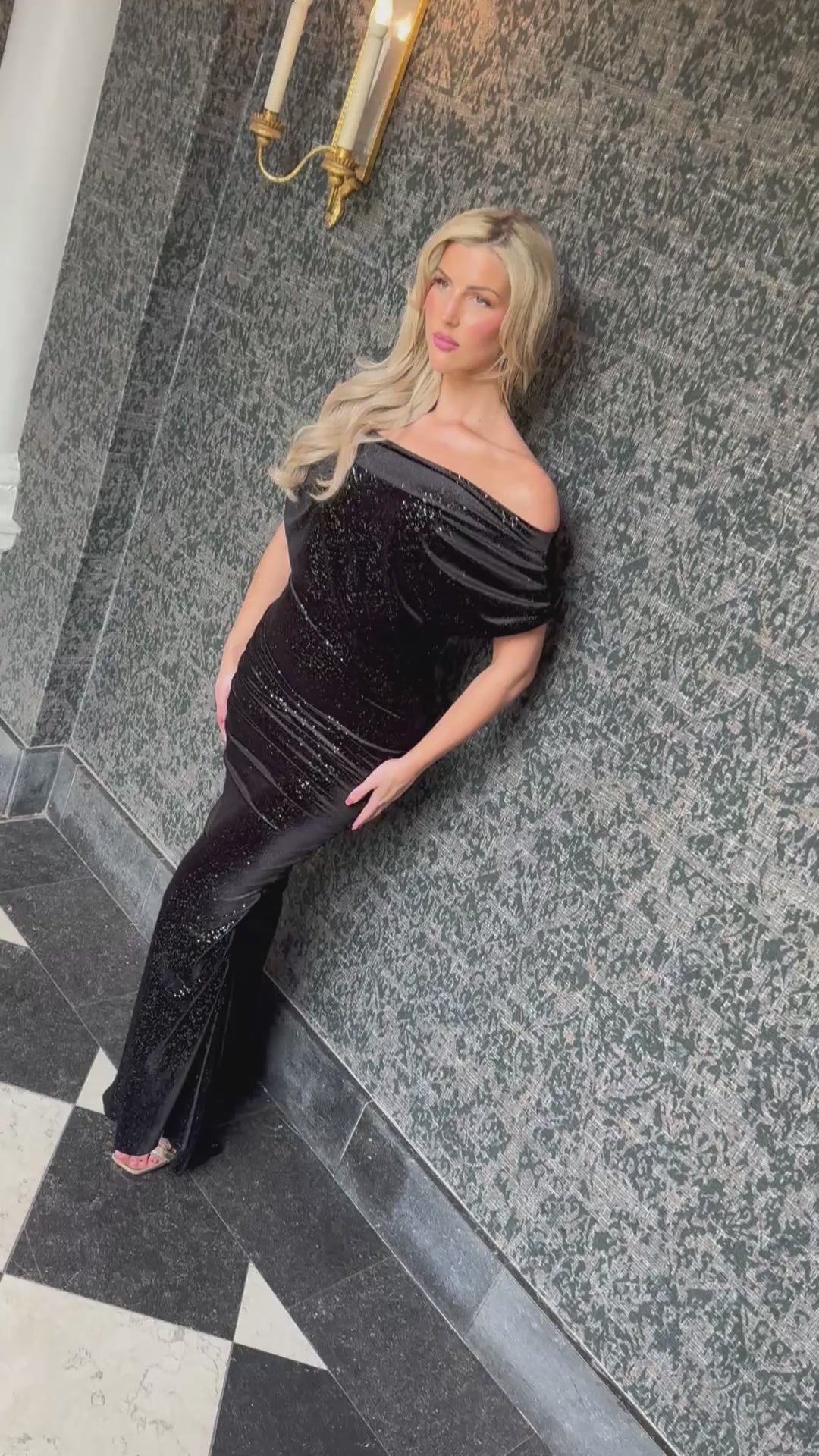 Platinum gown in black sparkle velvet