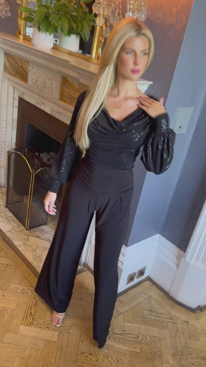 Indium jumpsuit with bell sleeve in black sequin & black