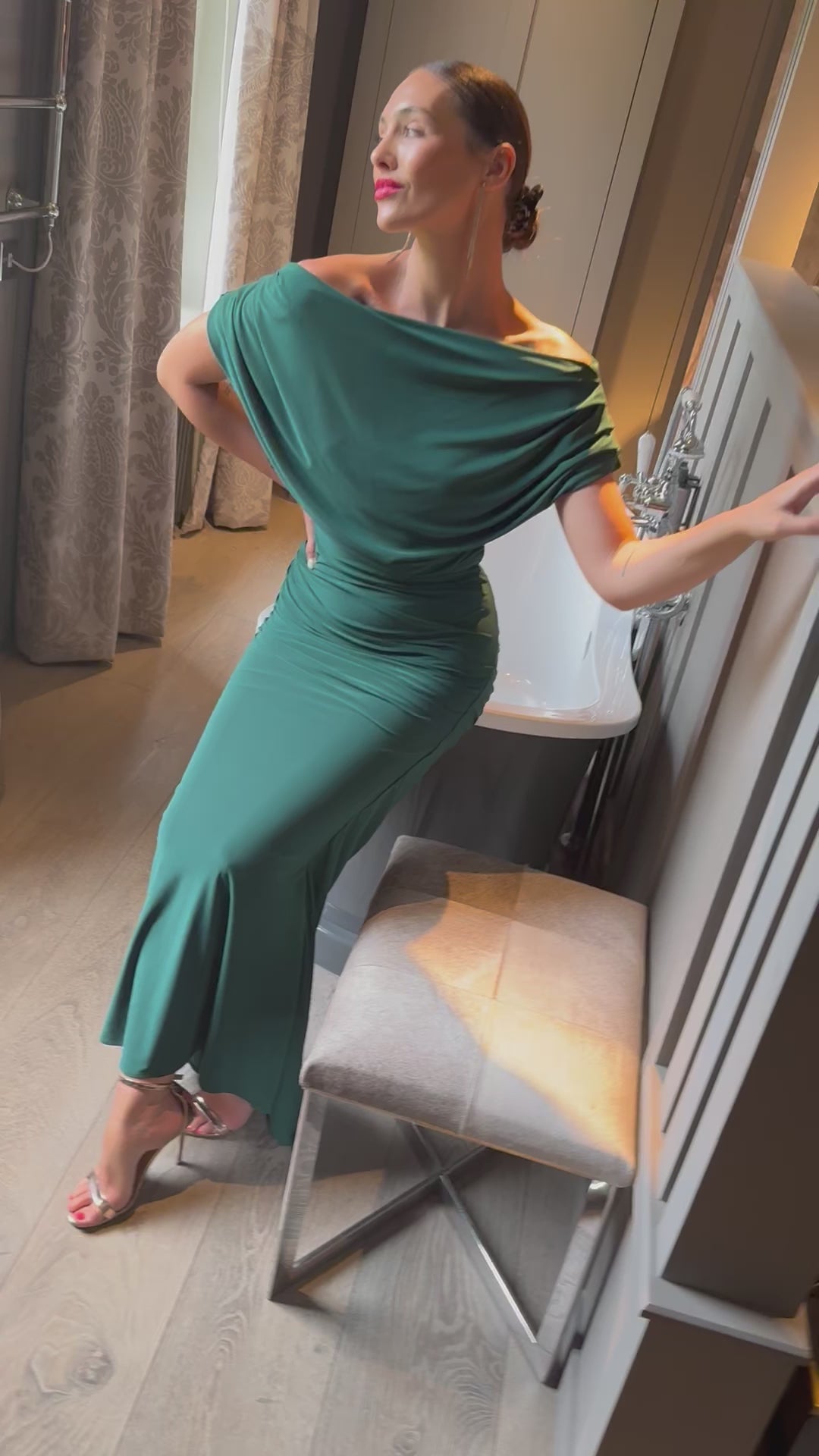 Platinum gown in forest green