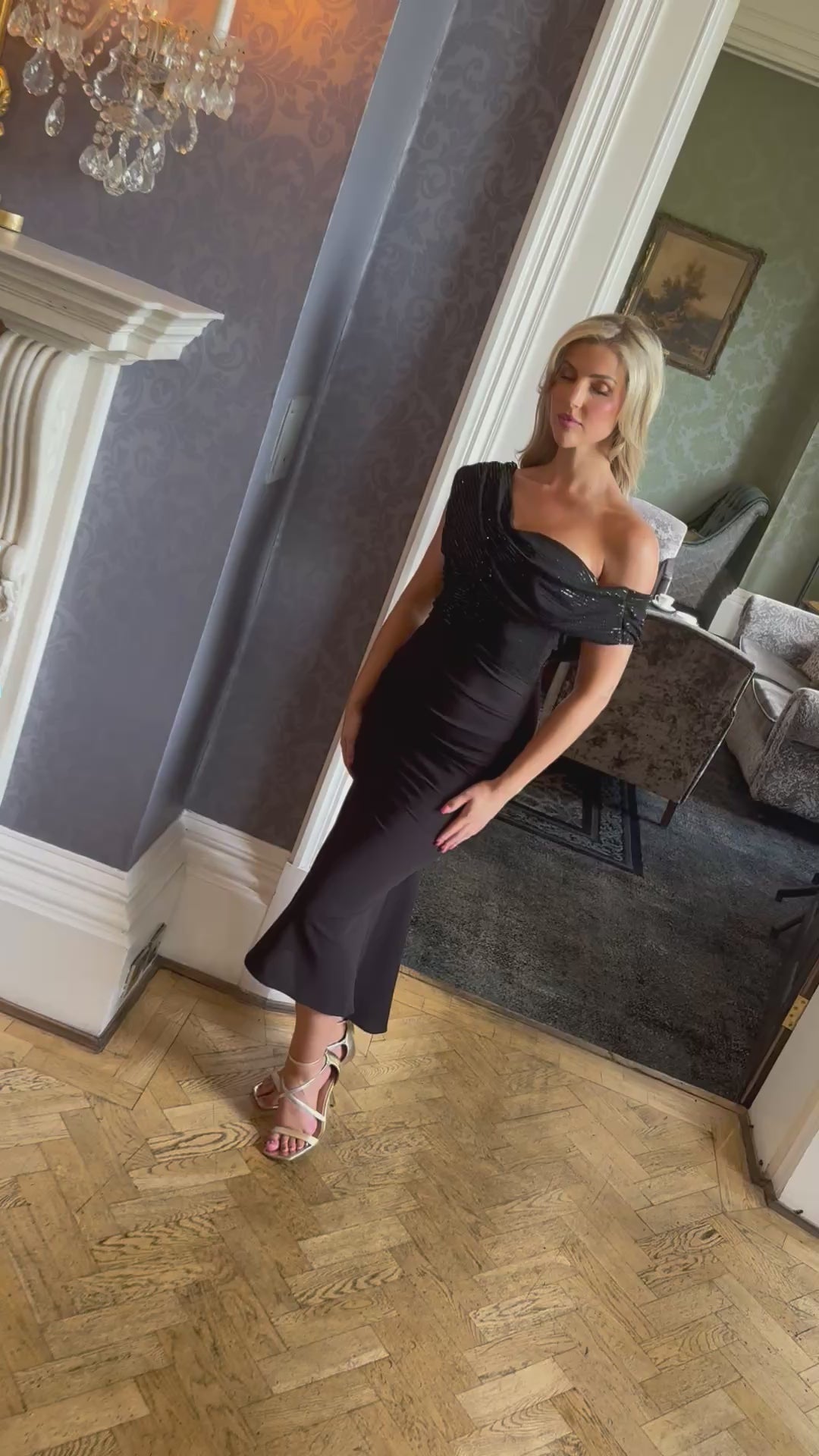 Mercury midi dress in black sequin & black